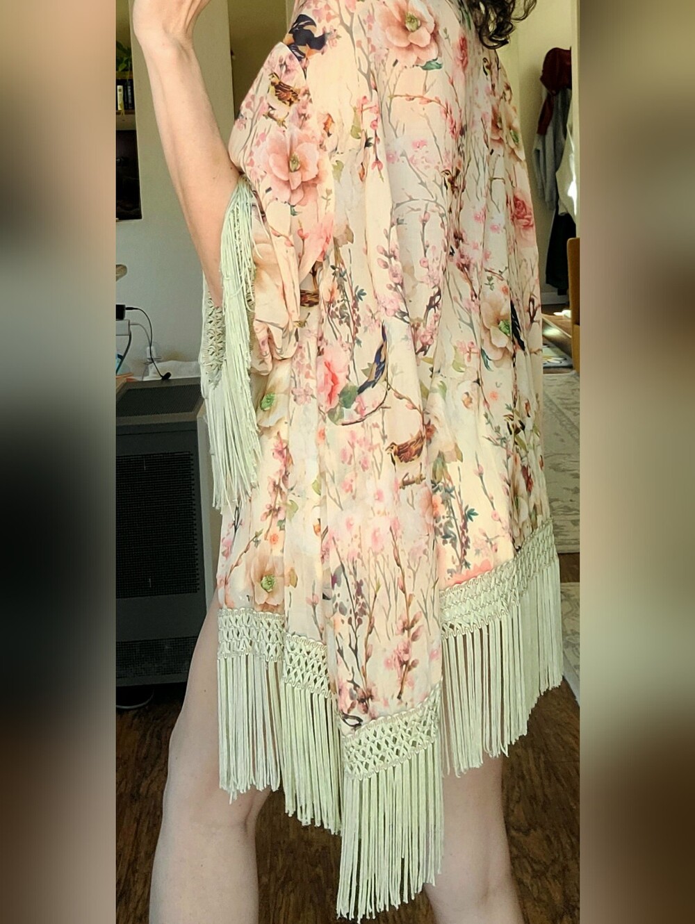 NWOT Forever 21 Floral Fringe Kimono Cover-Up in Pale Mint and Blush - Picture 3 of 5
